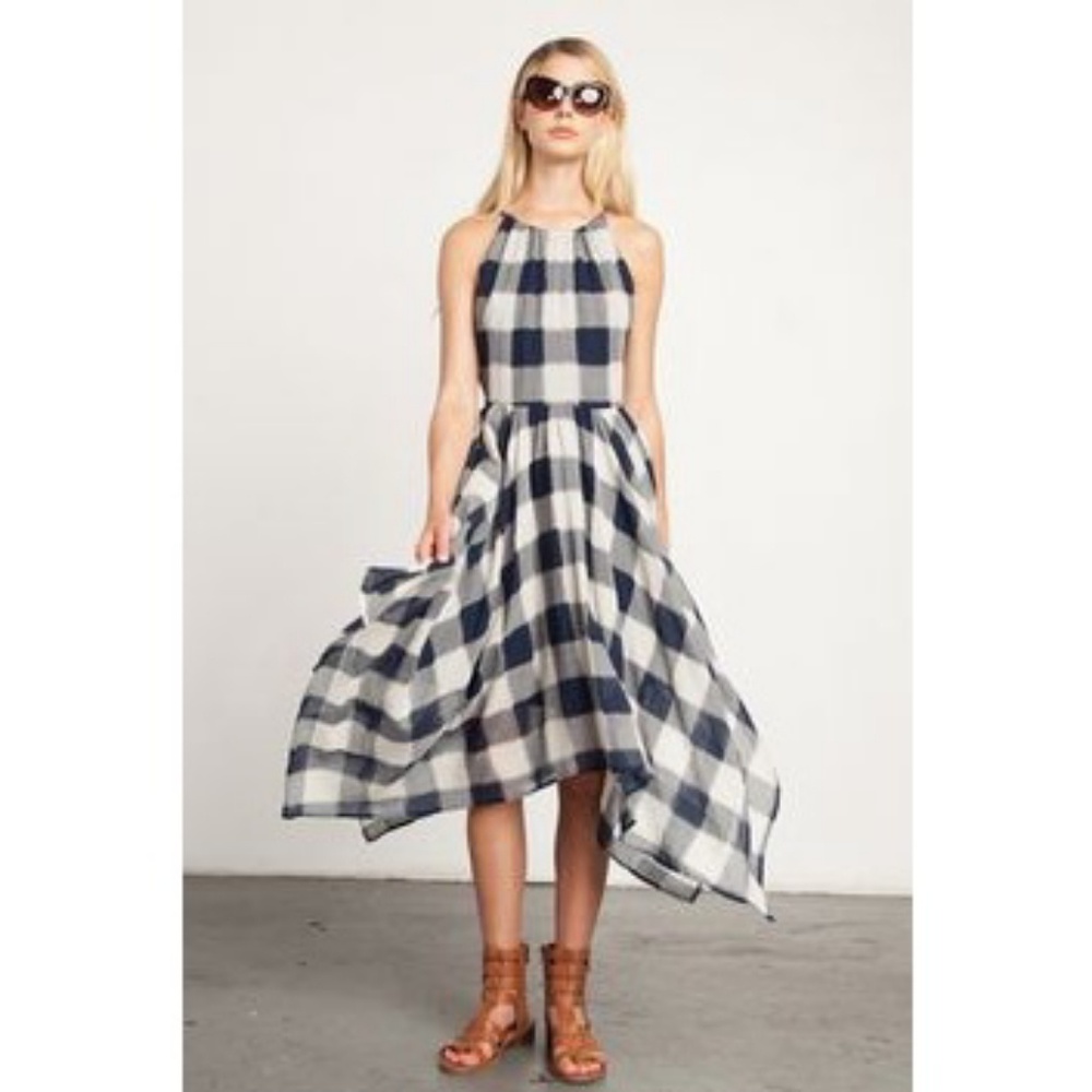 Storee Handkerchief Hem Dress Gingham Plaid Navy
